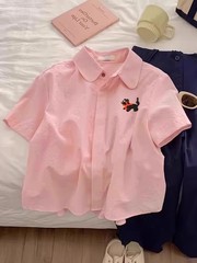 16139独特漂亮粉色刺绣小狗短袖女夏季新款超好看的韩系穿搭上衣