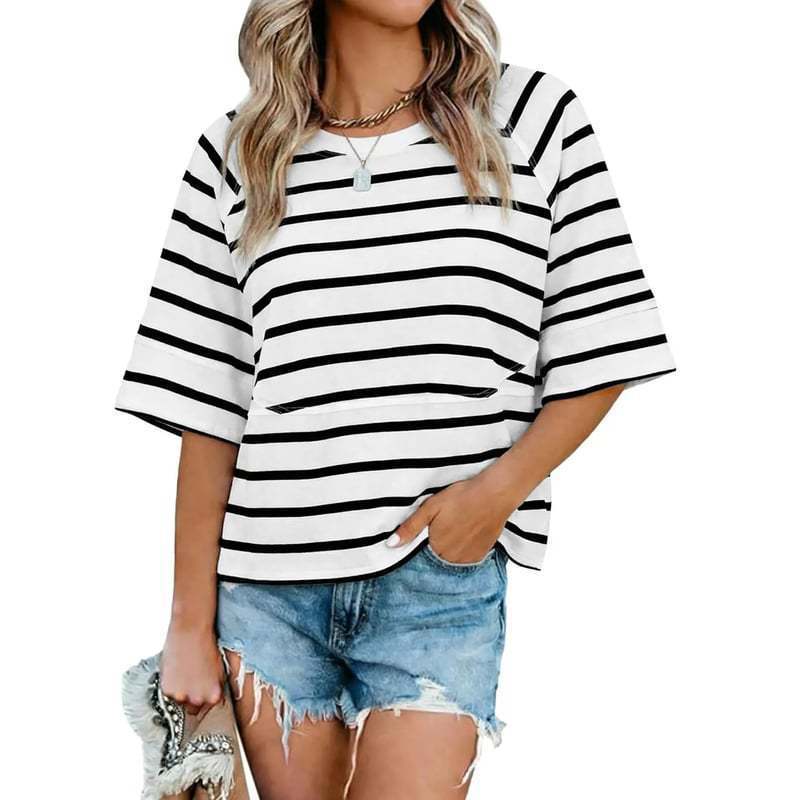 Camiseta Holgada Informal de Manga Campana con Estilo Nuevo y Color Sólido en Patchwork, Éxito de Ventas en Amazon Europeo y Americano 2025 para Mujer