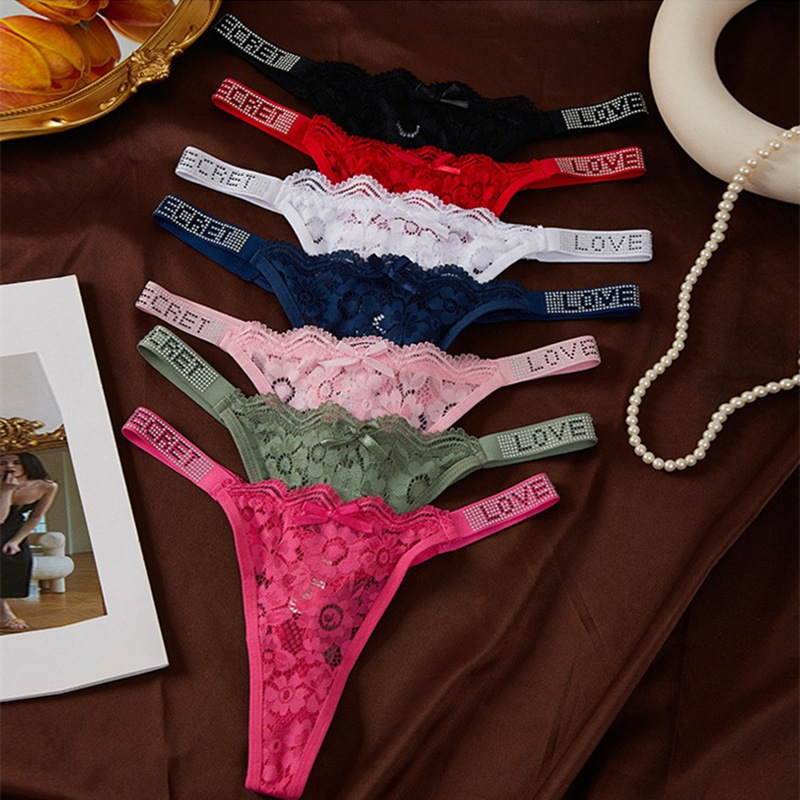 European and American Letter Hot Bead Women's Thong Lace Sexy Back Cut Out Thin Strap High Elastic Low Waist Underwear