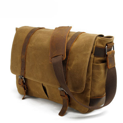 Retro canvas shoulder bag, casual cross-body bag for men, waxed waterproof canvas computer bag with crazy horse leather messenger bag wholesale