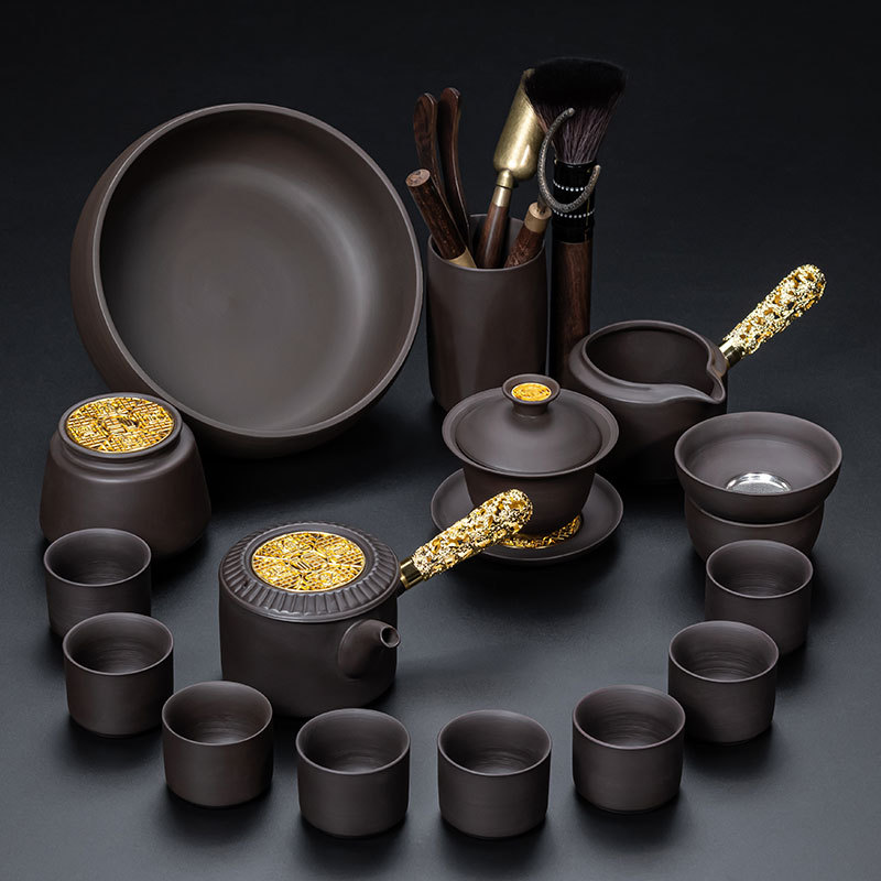 ✲☾☾✲자색점토 16개(오복) 옆손잡이/금 - 8잔 + 다도 + 차세척 + 찻캔✲☾☾✲