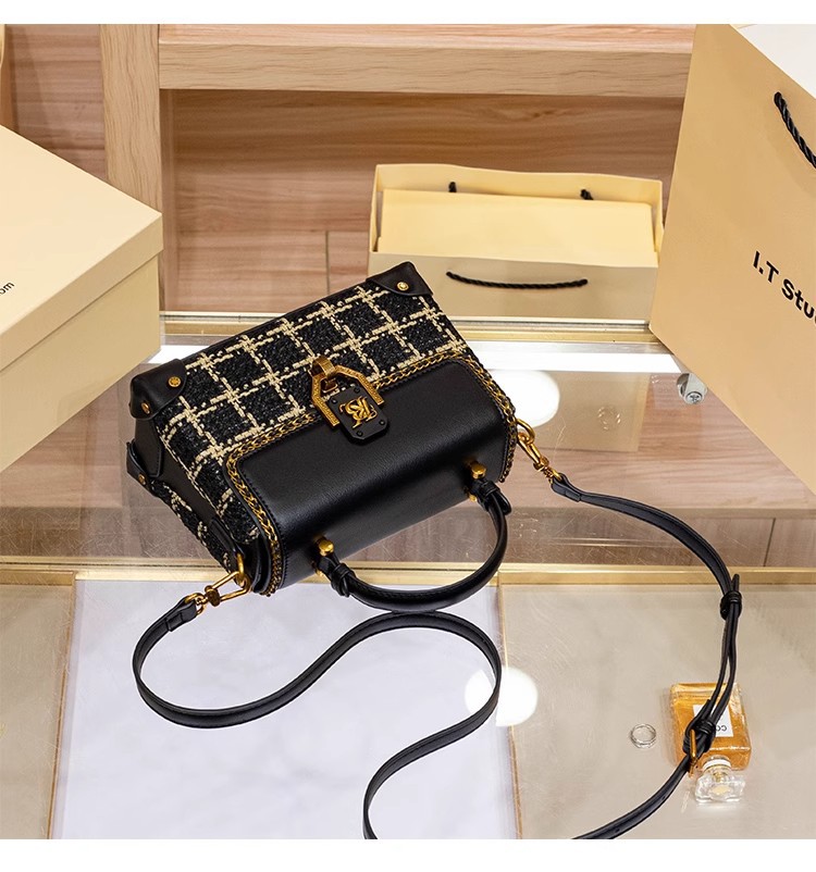 Túi xách tay da thật họa tiết houndstooth cổ điển phong cách Chanel, quai đeo chéo — Màu đen chi tiết 10