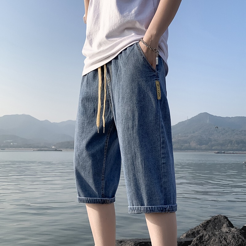 Summer Thin Denim Shorts Men's Capri Pants Korean Style Fashionable Loose Straight Drawstring Middle Waist Pants