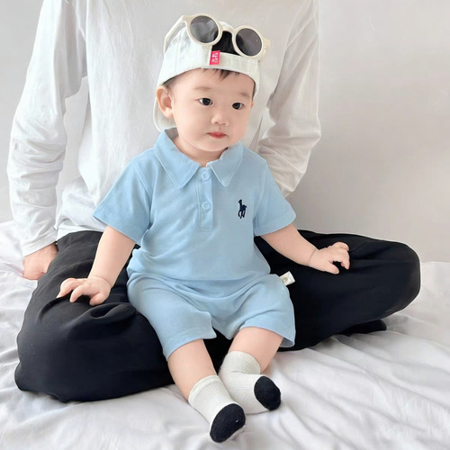 New summer knight lapel short-sleeved one-piece suit for boys and babies handsome summer polo shirt, baby climbing clothes, ha clothes