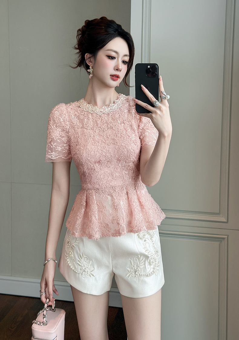 Áo ren hồng xếp nếp ôm eo phong cách ngọt ngào thanh lịch — bột hoa anh đào chi tiết 1