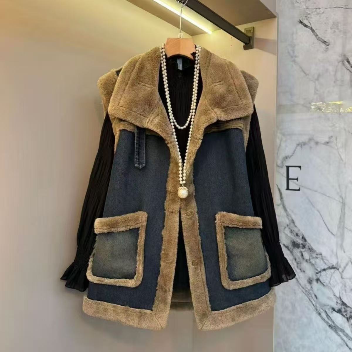 Autumn and Winter Warm and Fashionable Patchwork Denim New Style Fleece-Lined Large Size Thickened Slimming Loose Vest Jacket with a Stylish Look