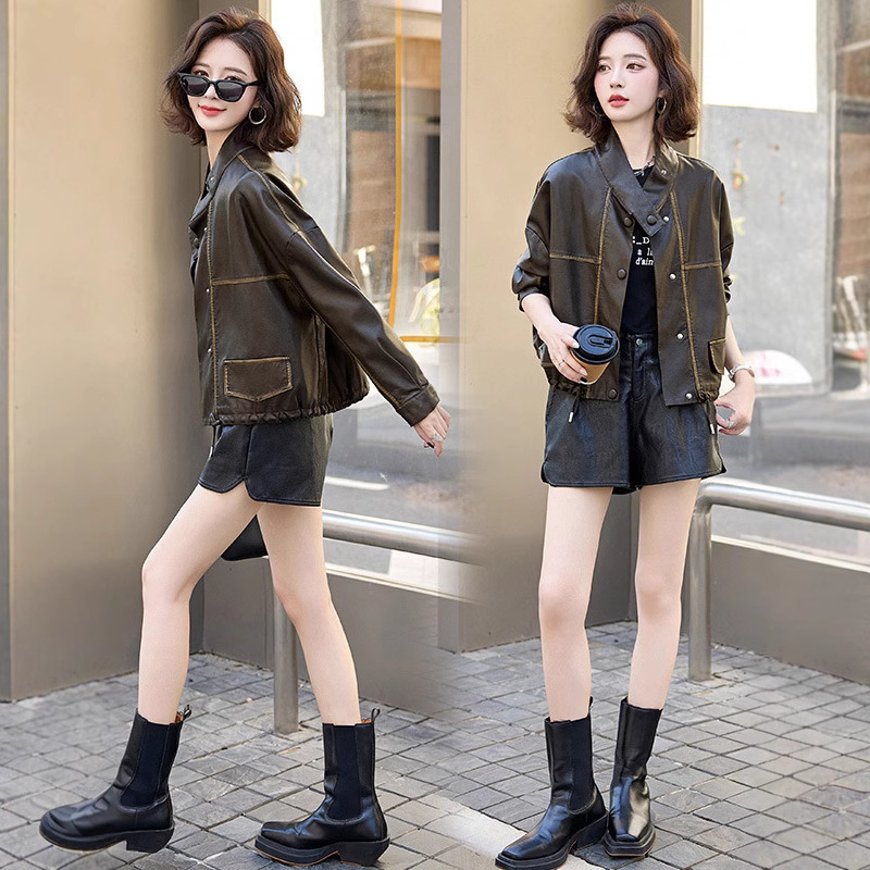 Fashionable Elegant Stand-Up Collar Short Windbreaker Jacket for Women 2025 Autumn New Style Drawstring High-End Sheepskin Jacket