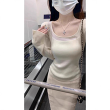 miu系半透视大领口低领打底衫女早春纯欲内搭毛衣修身针织衫上衣