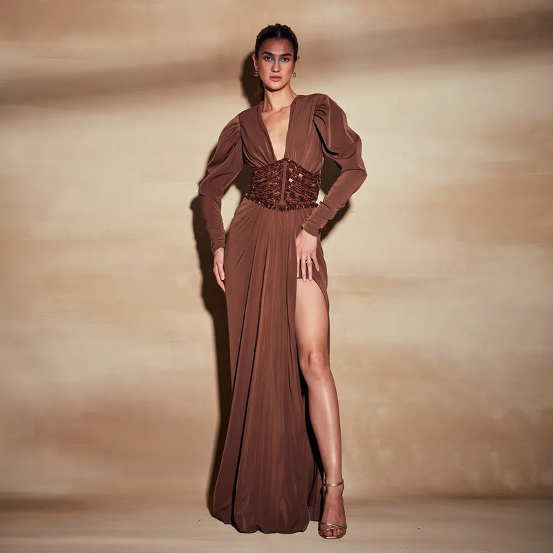 Cross-Border High-End European and American Women's Fashion Sexy Slit Deep V-Neck Long-Sleeve Dress, Long Skirt, Slim-Fit, Heavy-Duty Waist Cincher Gown Cross-Border High-End European and American Women's Fashion Sexy Slit Deep V-Neck Long-Sleeve Dress, Long Skirt, Slim-Fit, Heavy-Duty Waist Cincher Gown