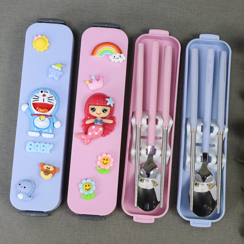 Cartoon Stainless Steel Portable Tableware Set Student Children Office Workers Food Grade Chopsticks Spoon Fork Three-piece Set