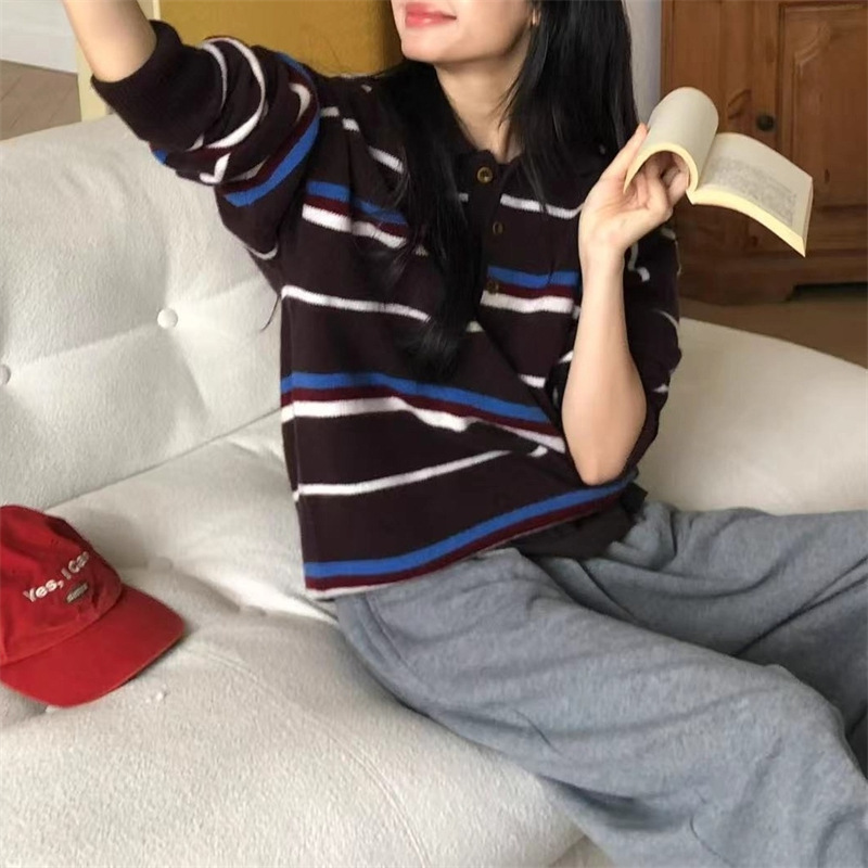 韩版秋冬新款条纹宽松毛衣女装针织衫文艺复古风翻领长袖套头上衣|undefined