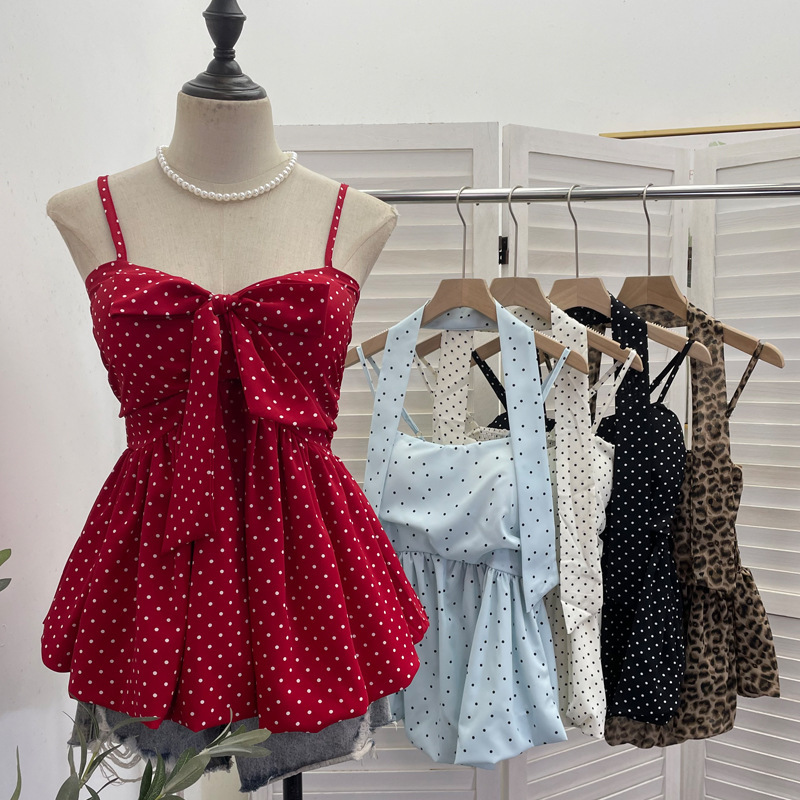 Real Shot of Polka Dot Camisole with Chest Pads, Drawstring Straps, Bow Hem, Tummy-Concealing, Slimming Sleeveless Top 9357 Real Shot of Polka Dot Camisole with Chest Pads, Drawstring Straps, Bow Hem, Tummy-Concealing, Slimming Sleeveless Top 9357