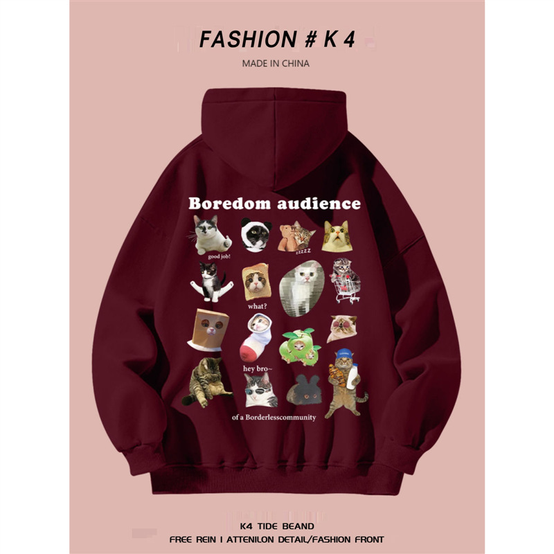 银狐绒美式高街复古猫咪印花连帽卫衣男女秋冬宽松ins百搭外套潮