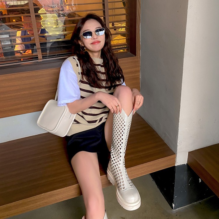 Boot nữ da bò đế dày cổ cao ống lưới — Màu nâu ống lớn, Màu đen cổ ống lớn, Ống nhỏ màu đen, Chu vi ống lớn màu trắng Be chi tiết 18