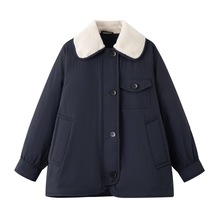 现货2025冬季新款宽松韩版藏青色撞色翻领羽绒服外套女4FA180561Q