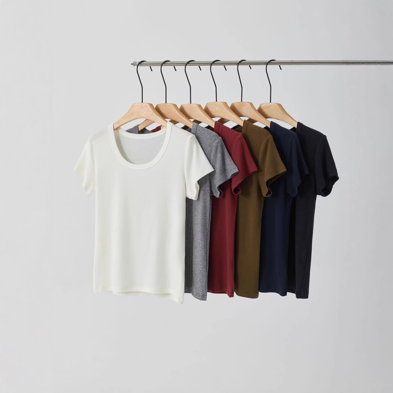 Tencel Wool U-Neck Regular Shoulder T-Shirt for Women 2026 Spring/Summer New Slim Fit Flattering Top Basic Versatile Solid Color Short Sleeve