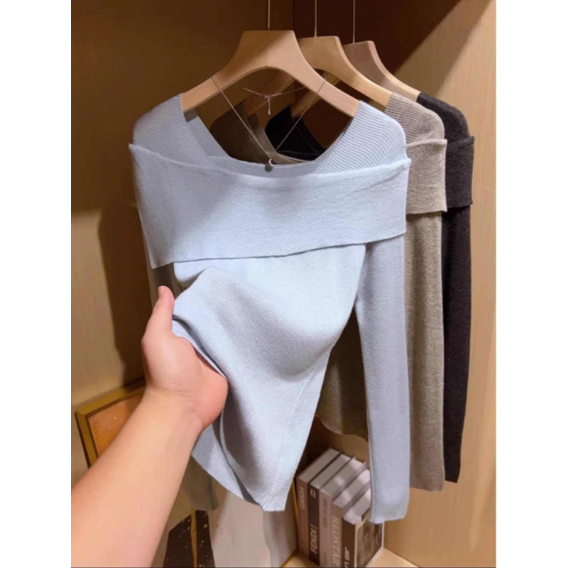 法式独特一字肩长袖针织打底衫女早秋内搭氛围感穿搭显瘦收腰上衣