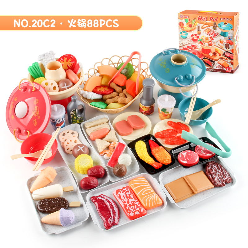 Casa de juego de los niños juguetes de cocina olla caliente brochetas barbacoa traje pequeño olla caliente brochetas ingredientes utensilios de cocina caja de color