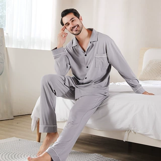 【定制】男士家居服天丝翻领开衫春秋款棉质睡衣可外穿休闲套装