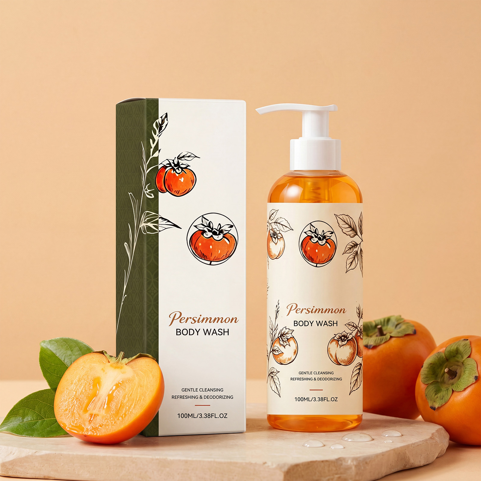 Persimmon Refreshing Shower Gel Gently Cares for and Cleanses the Skin with a Fresh Fragrance, Softens and Moisturizes, Leaving It Feeling Refreshing and Non-Sticky