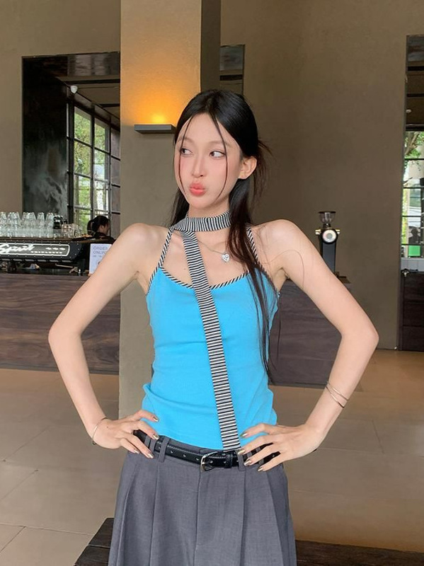美式辣妹飘带无袖吊带背心女夏季外穿修身设计感小众短款条纹上衣|undefined