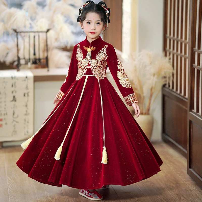 Новогоднее платье в древнем стиле для маленькой девочки, зимнее платье с вышивкой пайетками для девочек, детский китайский костюм Тан Хань