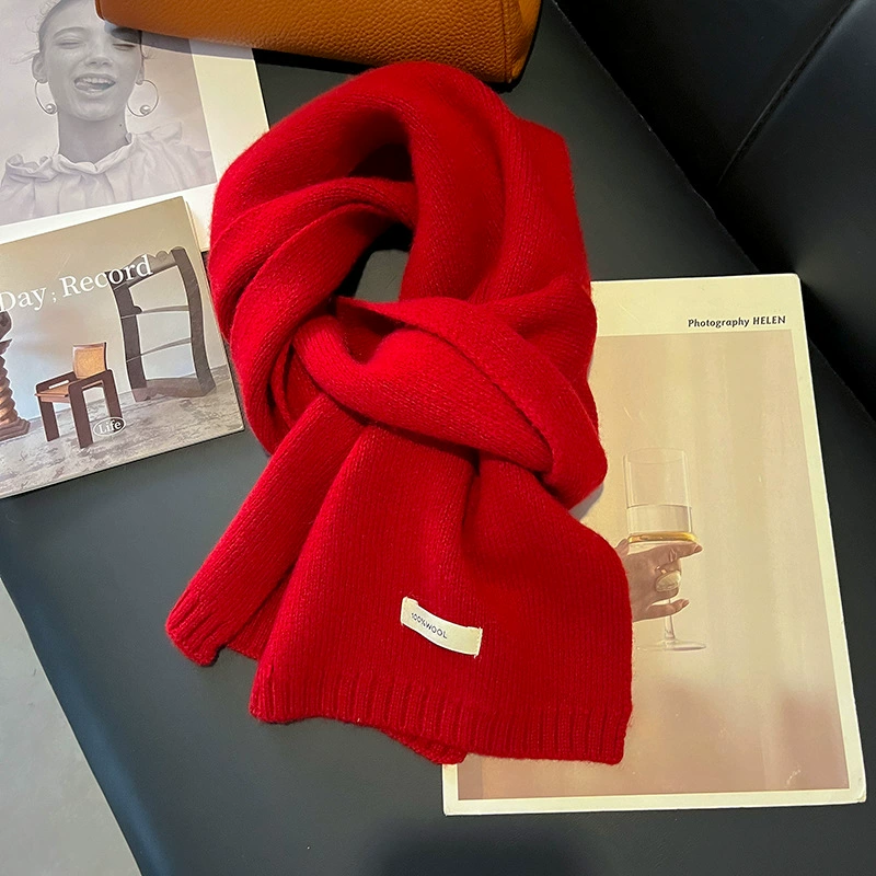 Red small knitted warm scarf, with neck protection