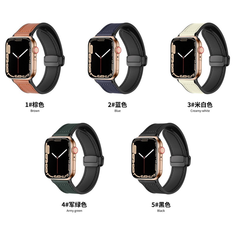 New product applicable to apple watch apple watch folding magnetic suction buckle silicone sticker leather strap in stock