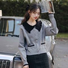 灰色娃娃领针织开衫女秋冬季新款学院风撞色毛衣短款气质上衣外套