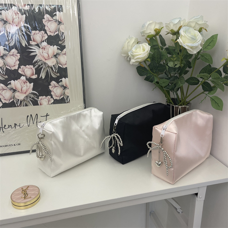 Bow Satin Cosmetic Bag, Travel Cosmetic Storage Bag, Carry-On Toiletry Bag, High-End Clutch Bag, Evening Bag