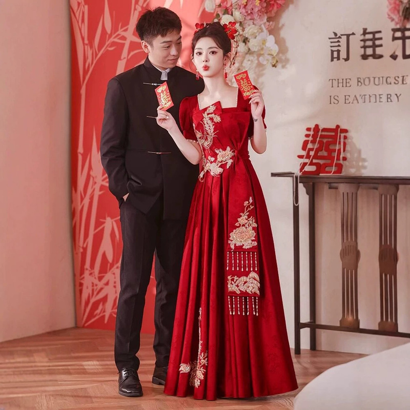 Bride's Toast Dress, Morning Robe, New Chinese-Style Engagement Dress, Slim-Fit Petite Wedding Gown, Casual Wedding Satin Evening Dress for Summer