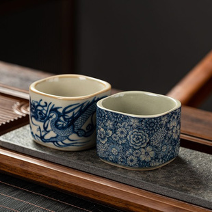 High-grade Blue and Flower Square Tea Cup Ceramic Kung Fu Tea Set Personal Cup Opening Large Master Cup Single Cup Gift
