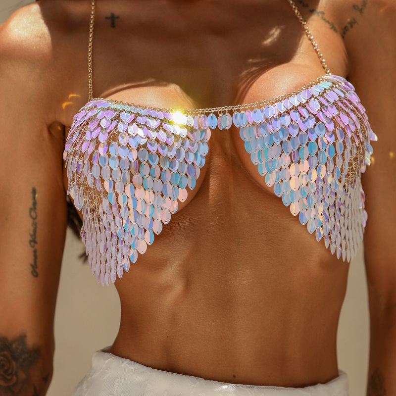 European and American Cross-Border Ins Metal Heavy-Duty Festival Sequin Nightclub Bra Chain Glitter Top Vest