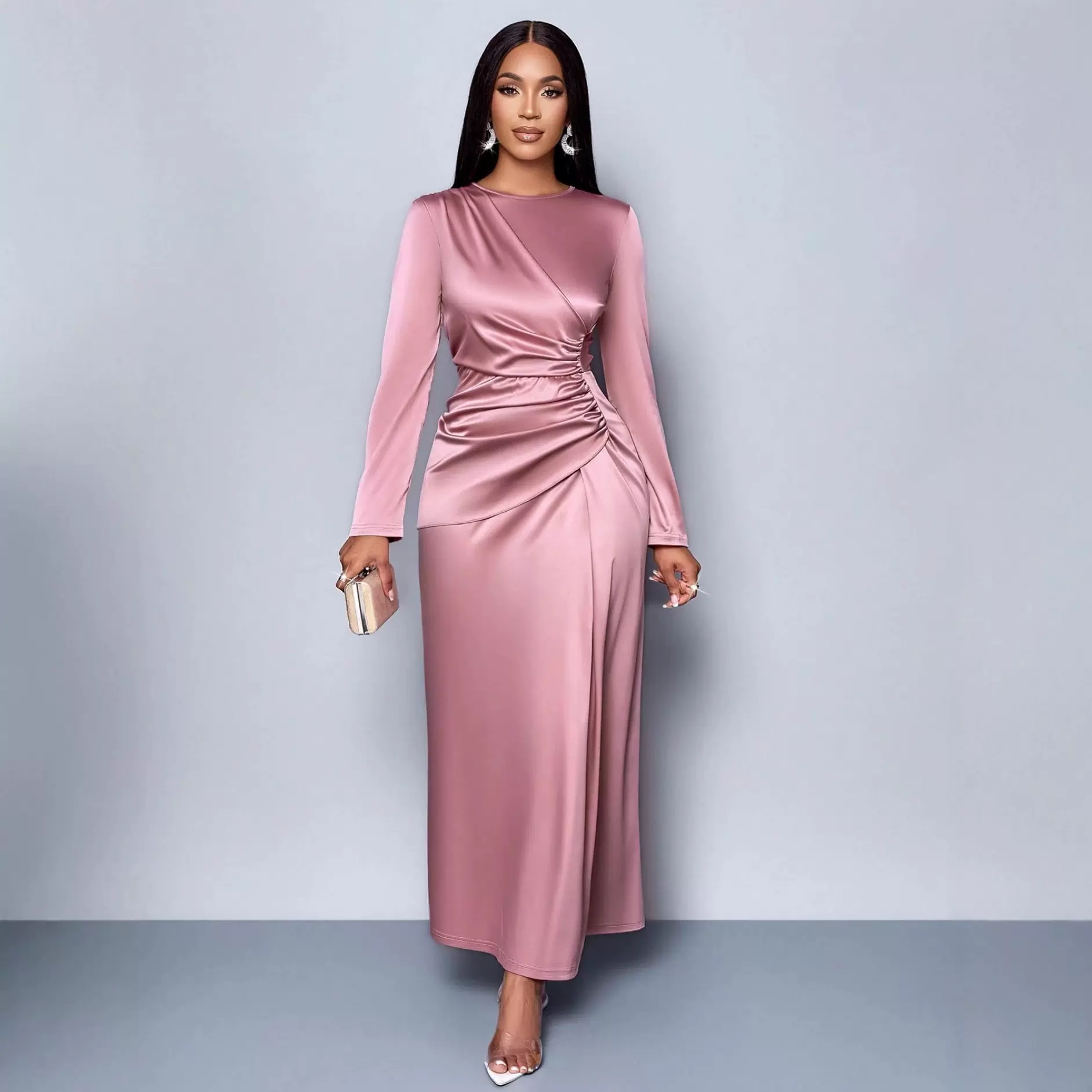 欧美跨境外贸2025新款纯色高级感缎面连衣裙时尚优雅气质轻晚礼裙