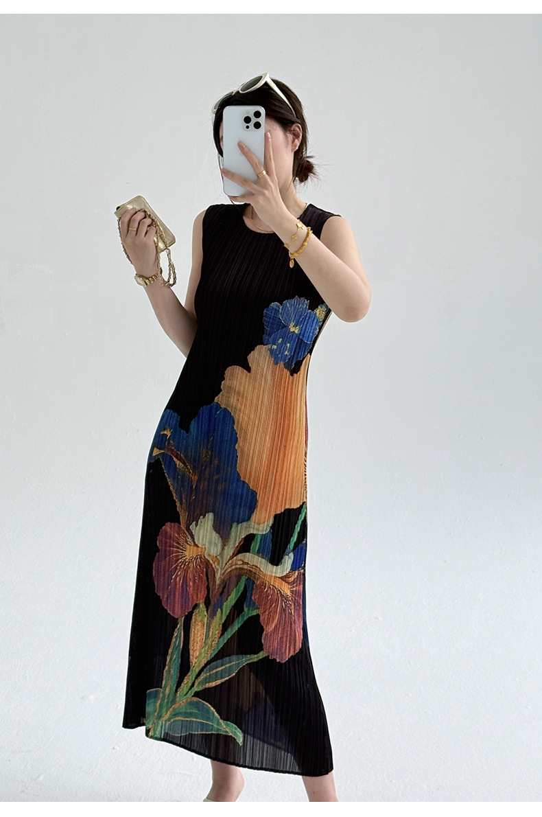 Đầm maxi nữ thắt eo kiểu mới phong cách Trung Hoa hiện đại, họa tiết in hoa cổ điển, chất liệu nhăn nhẹ mùa hè — màu đen chi tiết 16