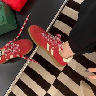 Vintage German Training Shoes Women's 2024 New All-match Genuine Leather Forrest Gump White Shoes Red Flat Sports Casual Sneakers for Women