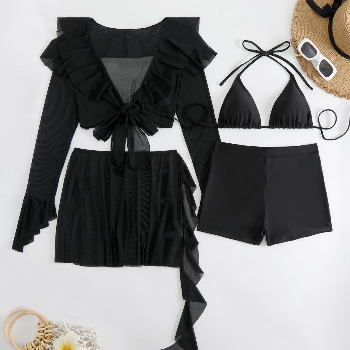 GraceChic European And American Retro Design Solid Color Lace Two-Piece Swimsuit Sexy Three-Piece Set High-End Deep V Bikini_voghion.com