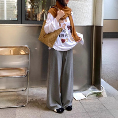 抖抖灰色秋季新款慵懒抽绳裤女高腰宽松显瘦休闲直筒拖地长裤子