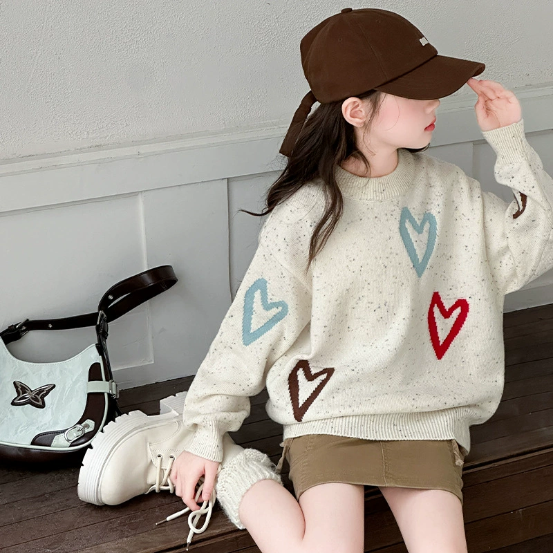Свитер для девочек модный осенний и зимний 2024 новый большой мальчик корейская версия с круглым вырезом свитер детский трикотажный топ