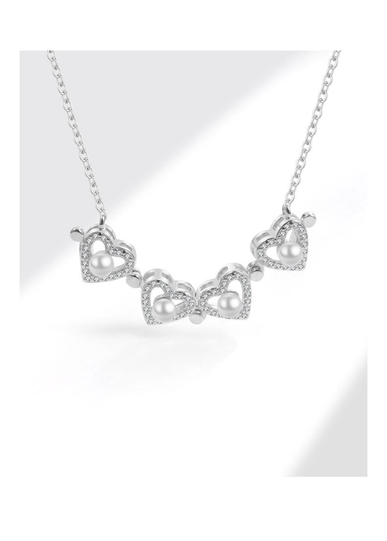 Four Leaf Clover, Heart Shape Pattern Sterling Silver Zircon Cable Chain Plating Four Leaf Clover Heart Shape Pendant Necklace