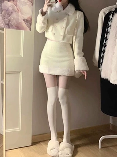 绒毛中长裙子双排扣毛呢小香风两件套短款外套套装女秋冬温柔新款