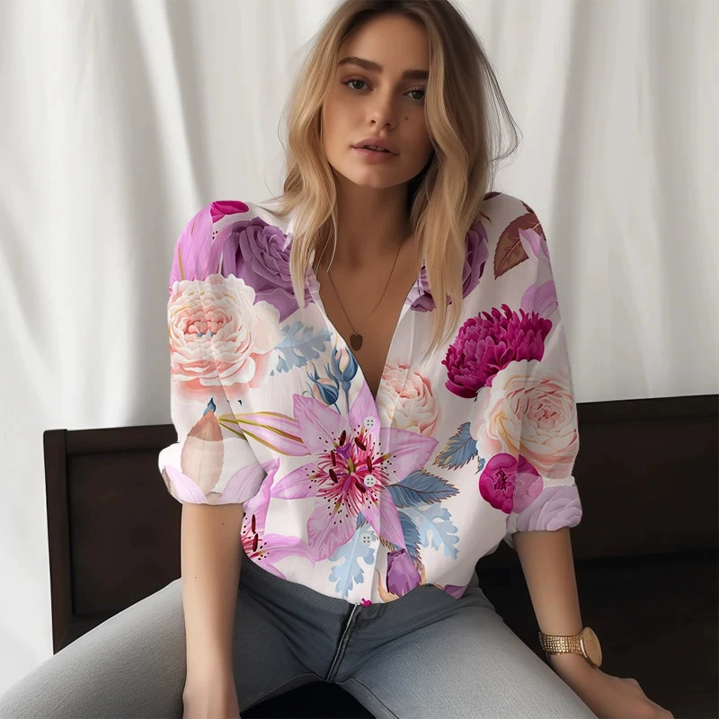 TEMU трансграничный новый стиль женская рубашка с длинными рукавами красивые цветы 3D принт повседневная мода однобортный дикий