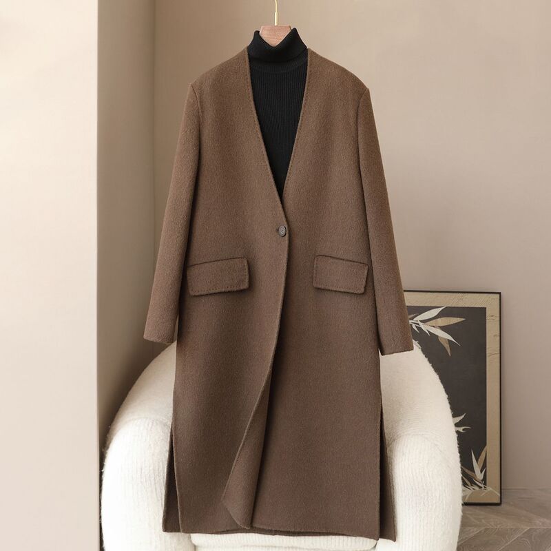Small amount of clothing spring new 100 camel velvet double-sided tweed 2025 high-end light luxury V-neck long coat for women Small amount of clothing spring new 100 camel velvet double-sided tweed 2025 high-end light luxury V-neck long coat for women