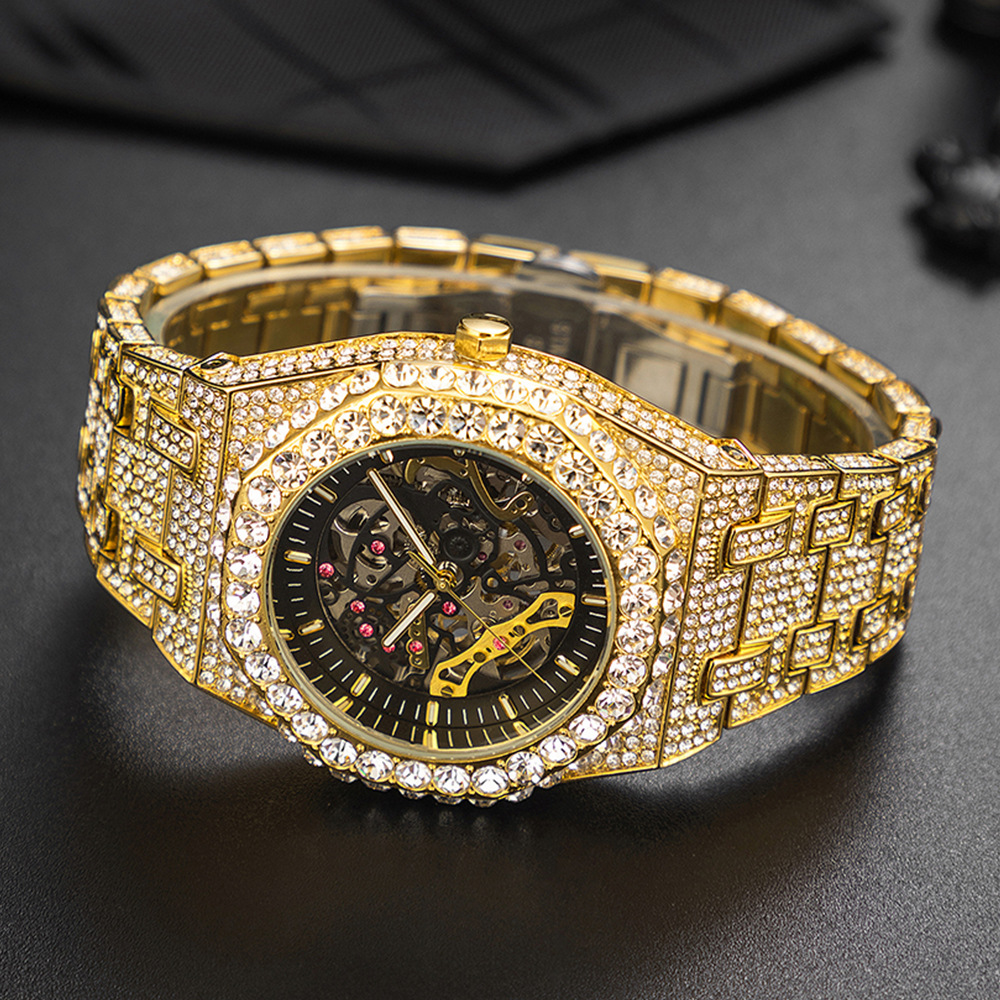 MISSFOX Full Diamond Hip Hop Party Automatic Hollow out Mechanical Men's All Night Glow Watch_voghion.com