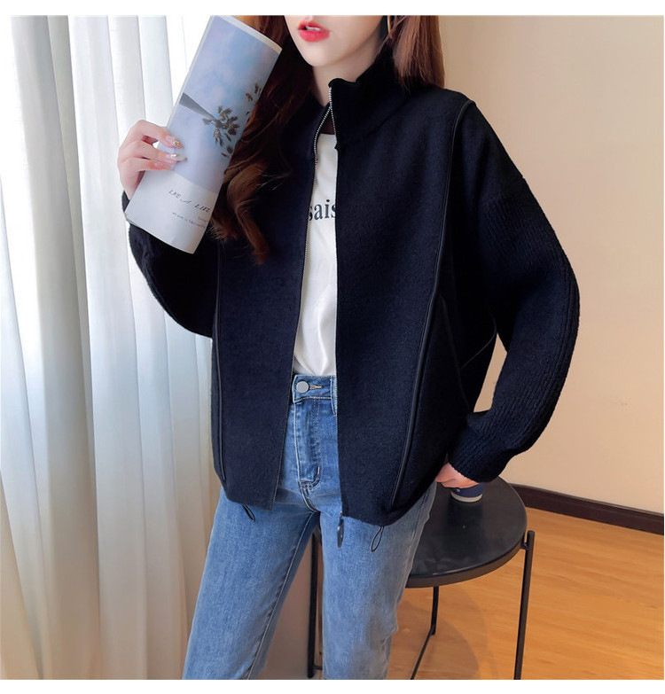 Faux double-sided woolen knitted jacket for women, 2023 autumn new style zipper baseball jacket, short, loose, thick and large cardigan pic 27