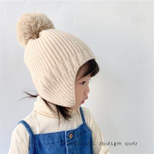 Children's Hat Autumn and Winter Baby Big Fur Ball Cute Super Cute Girls' Knitted Earmuffs Boys' Warm Wool Hat