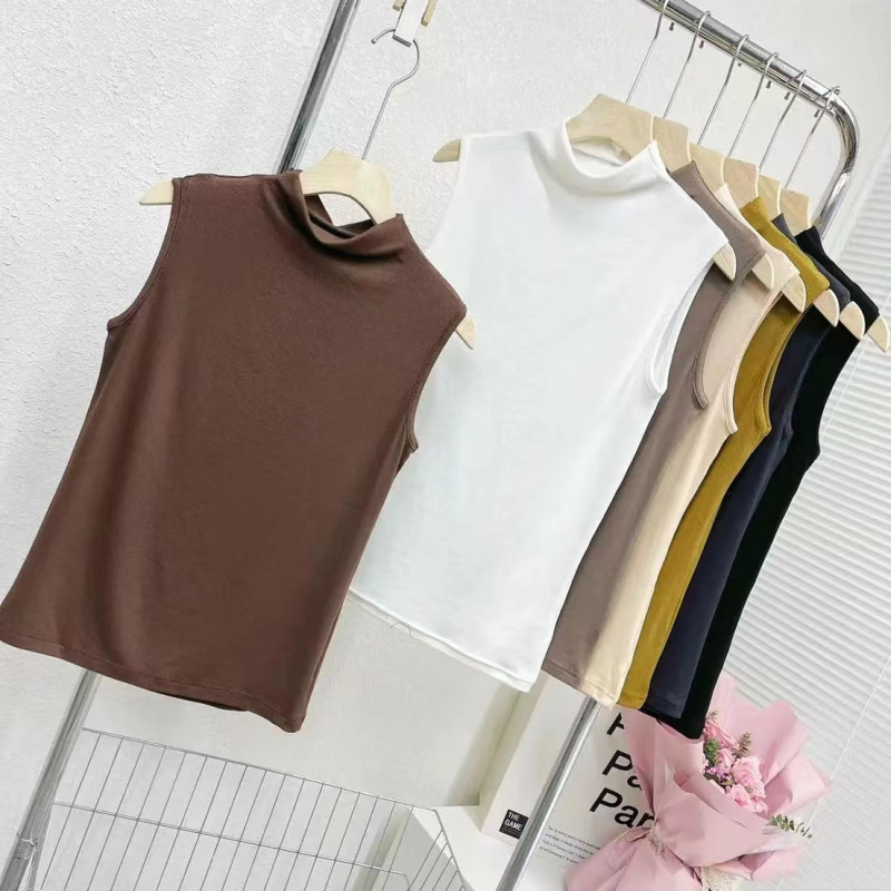 Women's Small Breeze Sanding Threaded Sleeveless High Collar Vest Spring and Autumn Candy Color Korean-style All-match Elastic Base Shirt