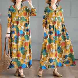实拍2024早秋新款复古棉麻印花宽松遮肚木耳花边长袖大摆长连衣裙