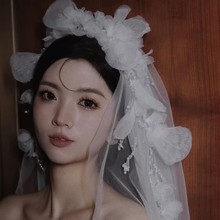 原创设计超仙美新娘头纱娟纱花瓣朵串珠头花森系影楼旅拍外景拍照