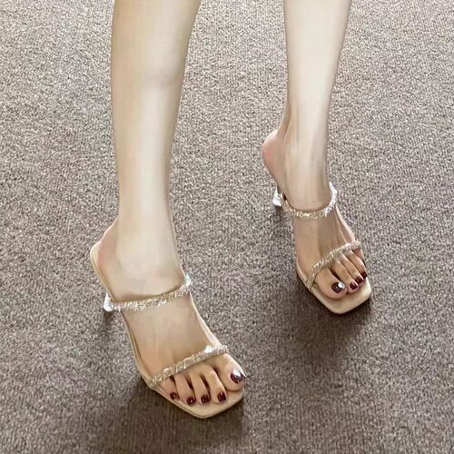 Fairy style belt fine heel diamond high heels 2025 new summer transparent sandals women's middle heel sandals sandals sandals